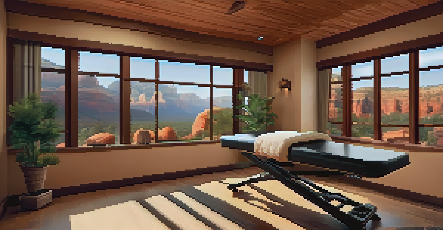 A wellness studio in Sedona with a massage table, candles, and a view of the red rock formations outside.