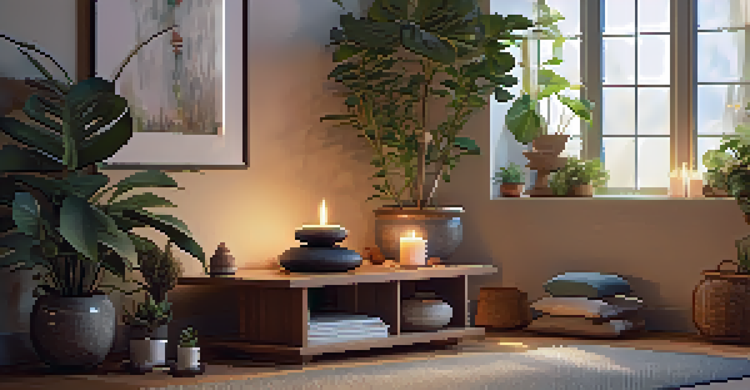 A tranquil meditation space at home with plants, crystals, and candles, promoting relaxation.