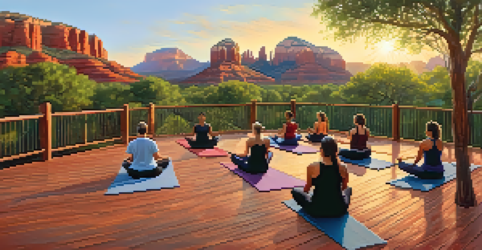 Group of people practicing yoga outdoors in Sedona with red rocks in the background during sunset.