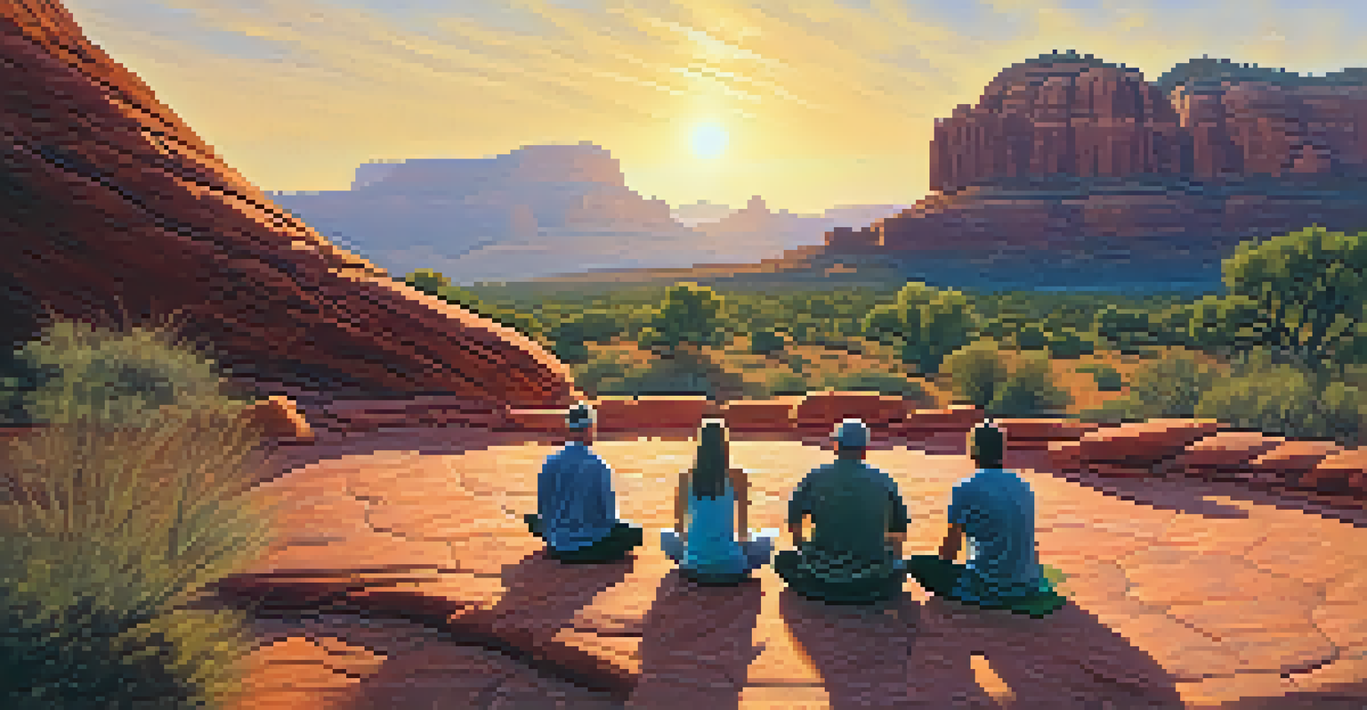 Visitors meditating at Airport Mesa, surrounded by Sedona's red rocks during sunrise.