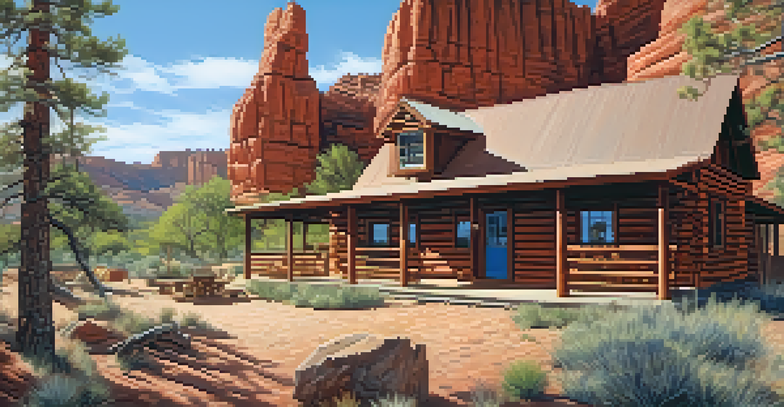Rustic cabins of The Apache Lodge in Sedona surrounded by trees and red rock formations.