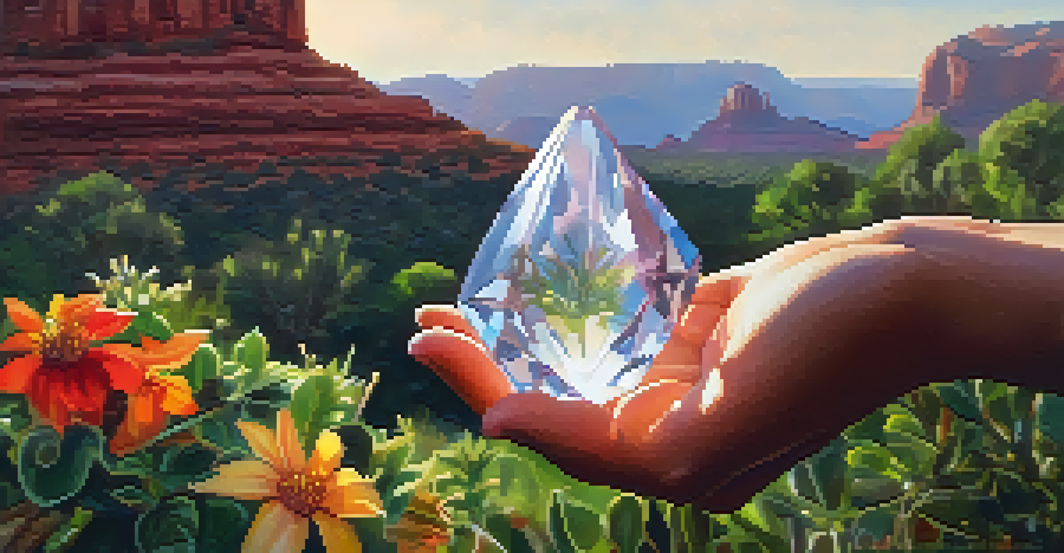 A hand holding a glowing crystal surrounded by flowers and red rock formations in the background.