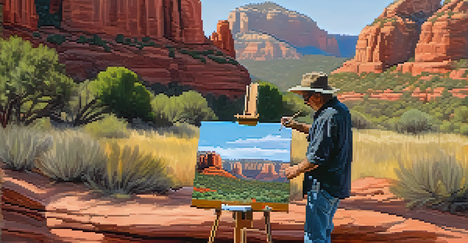 An artist painting a colorful landscape of Sedona's red rocks, with art supplies scattered around in a sunny outdoor setting.
