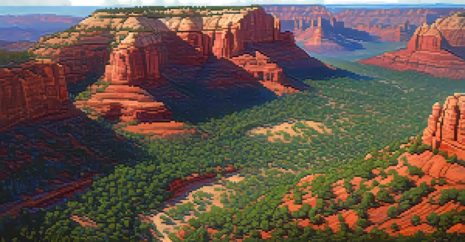 Aerial view of Sedona's landscape, showing rock formations, lush vegetation, and the San Francisco Peaks.