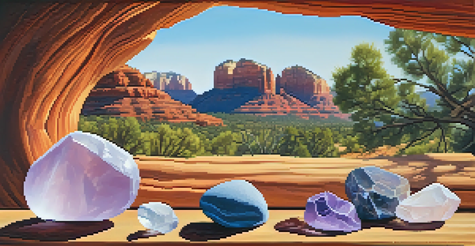 A peaceful view of Sedona's red rock landscape with various healing crystals in the foreground, illuminated by sunlight.