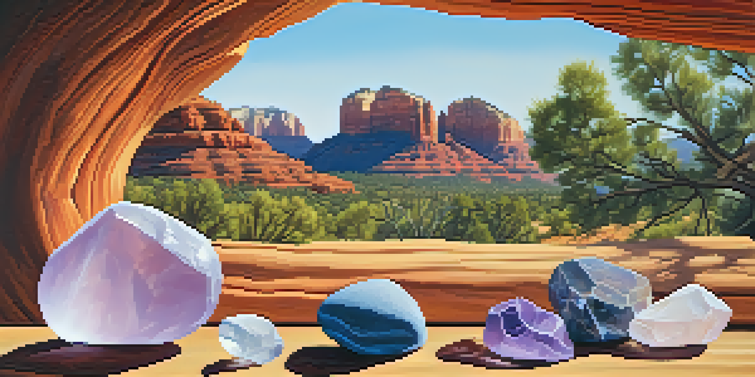 A peaceful view of Sedona's red rock landscape with various healing crystals in the foreground, illuminated by sunlight.