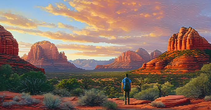 A hiker overlooking the red rock formations of Sedona at sunrise, with warm colors in the sky and rocky terrain.