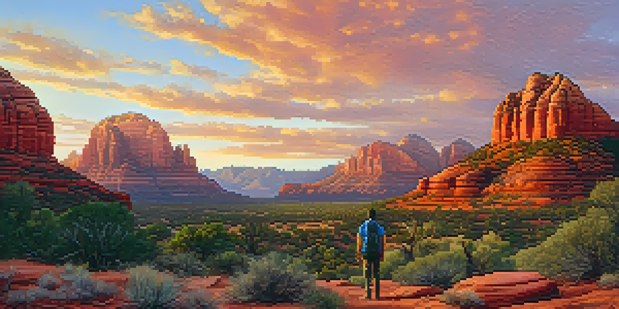 A hiker overlooking the red rock formations of Sedona at sunrise, with warm colors in the sky and rocky terrain.