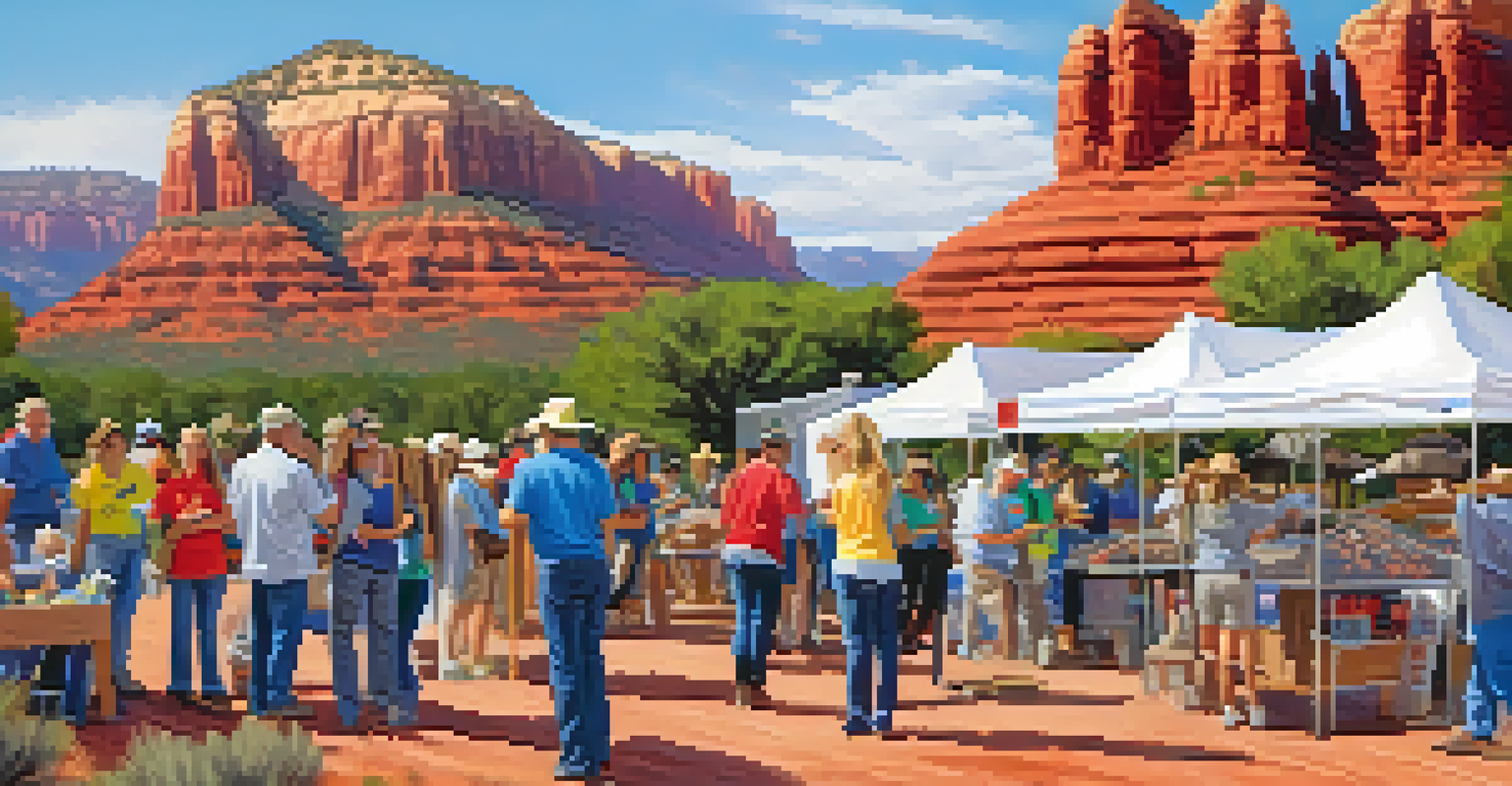 Volunteers at a community outreach event for wildlife rehabilitation, engaging with families and set against a backdrop of red rock formations.