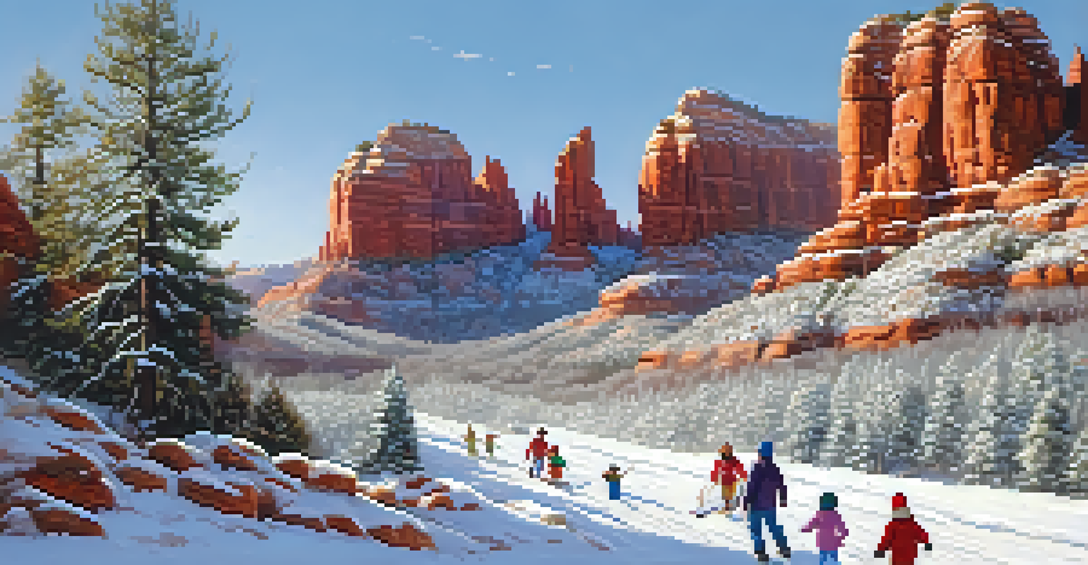 A family having fun in the snow in Sedona, with children building a snowman and sledding, set against red rock formations.