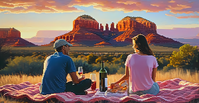 A couple enjoying a picnic during a stunning sunset at Airport Mesa, with vibrant orange and pink colors in the sky and red rock formations in the background.