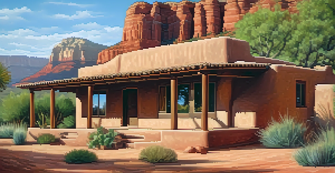 A traditional adobe home in Sedona with thick clay walls and a flat roof, set against red rock formations and surrounded by desert plants.