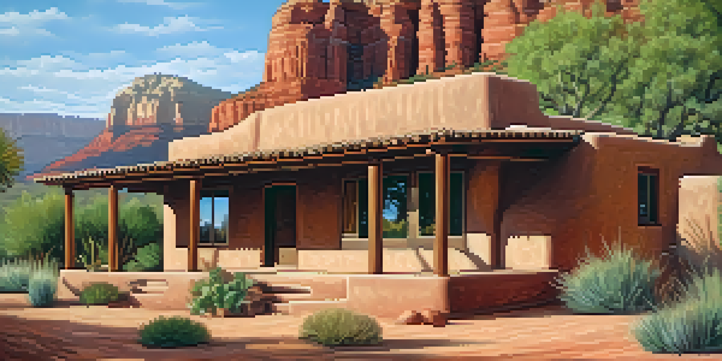A traditional adobe home in Sedona with thick clay walls and a flat roof, set against red rock formations and surrounded by desert plants.