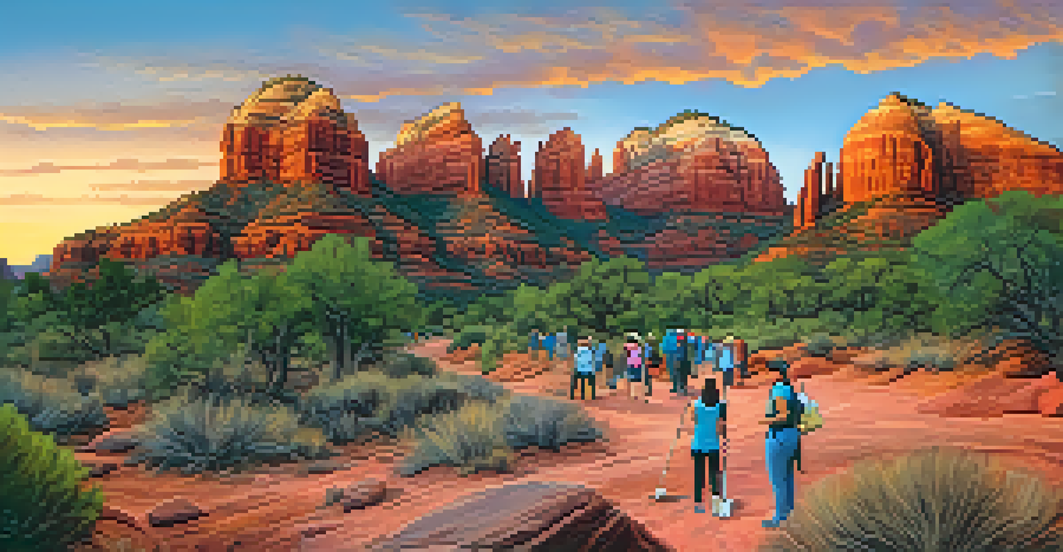 A scenic view of Sedona's red rocks during sunset with tourists participating in a cleanup activity along a hiking trail.