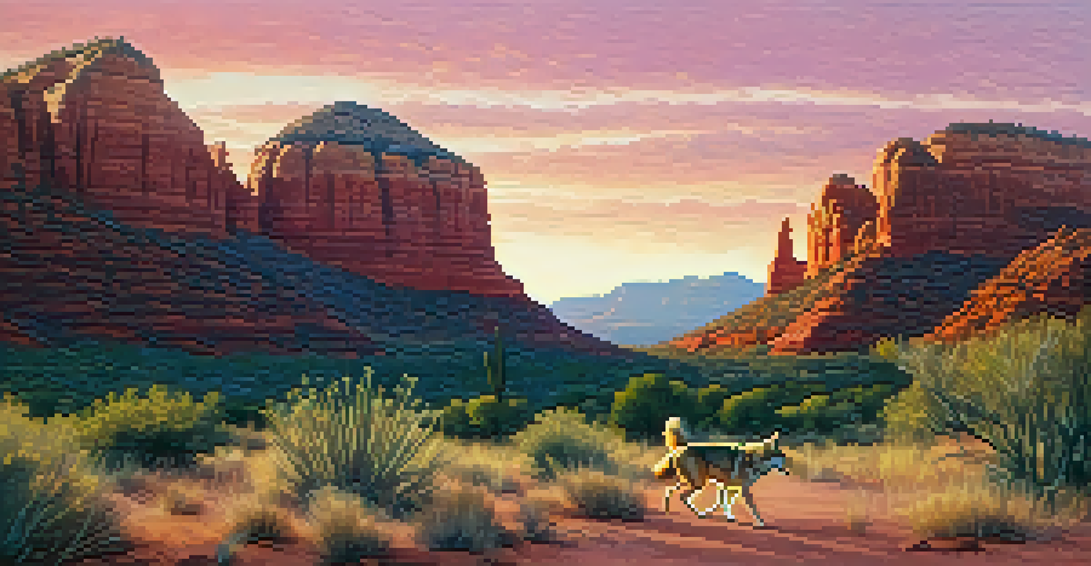 A coyote walking through a desert landscape with red rock formations at dawn, the sky illuminated with pink and orange hues.