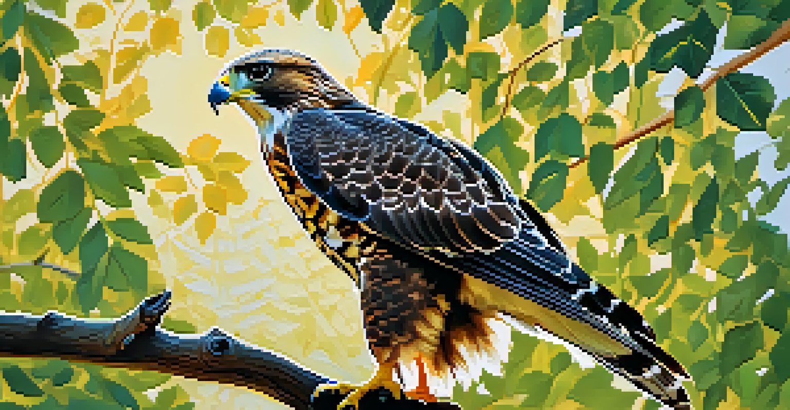 Close-up of a rehabilitated hawk on a branch, with detailed feathers and a lush forest background illuminated by sunlight.