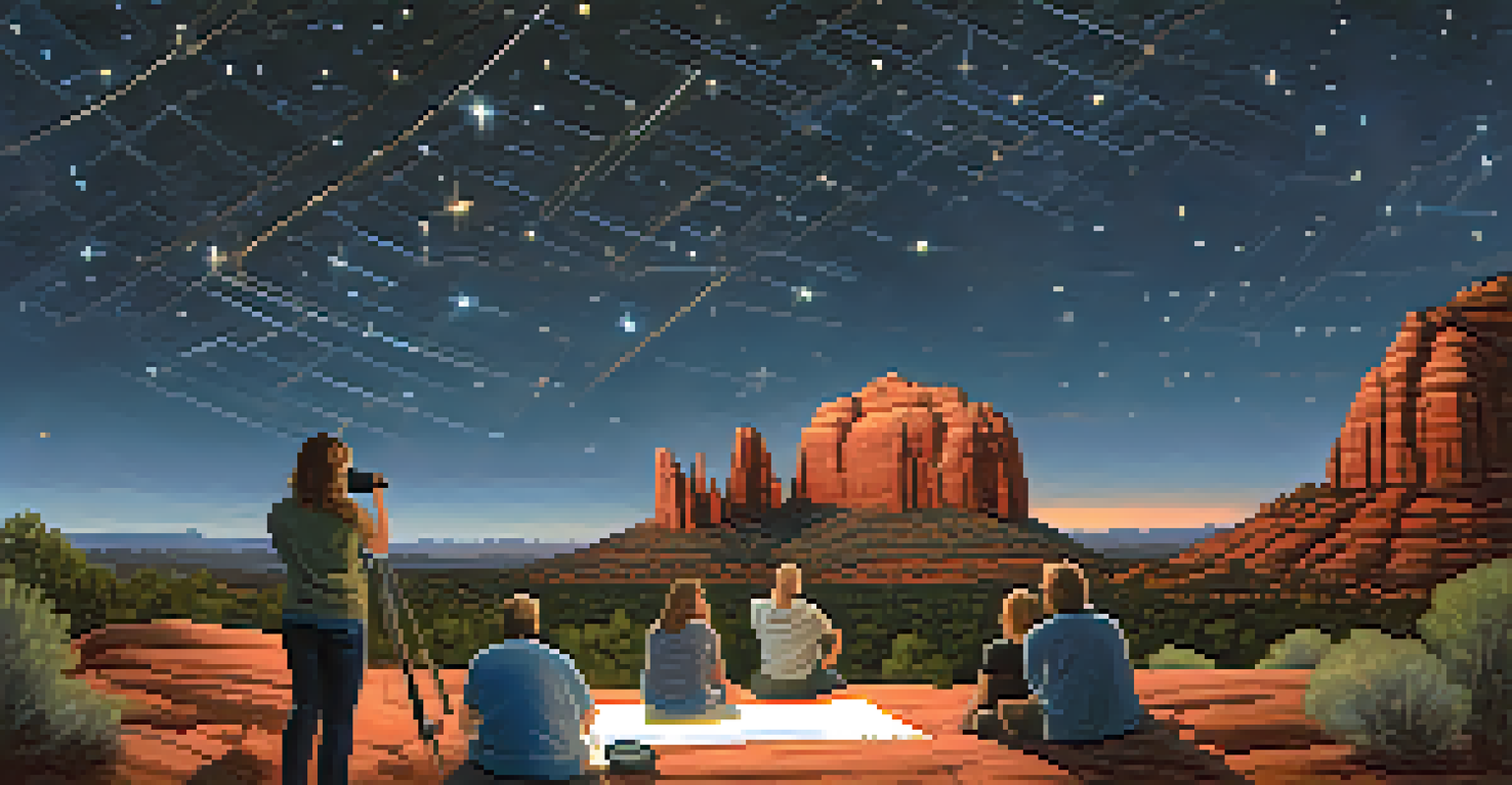 A group of people enjoying a guided stargazing event in Sedona, with telescopes and an astronomer pointing out constellations under a starry sky.