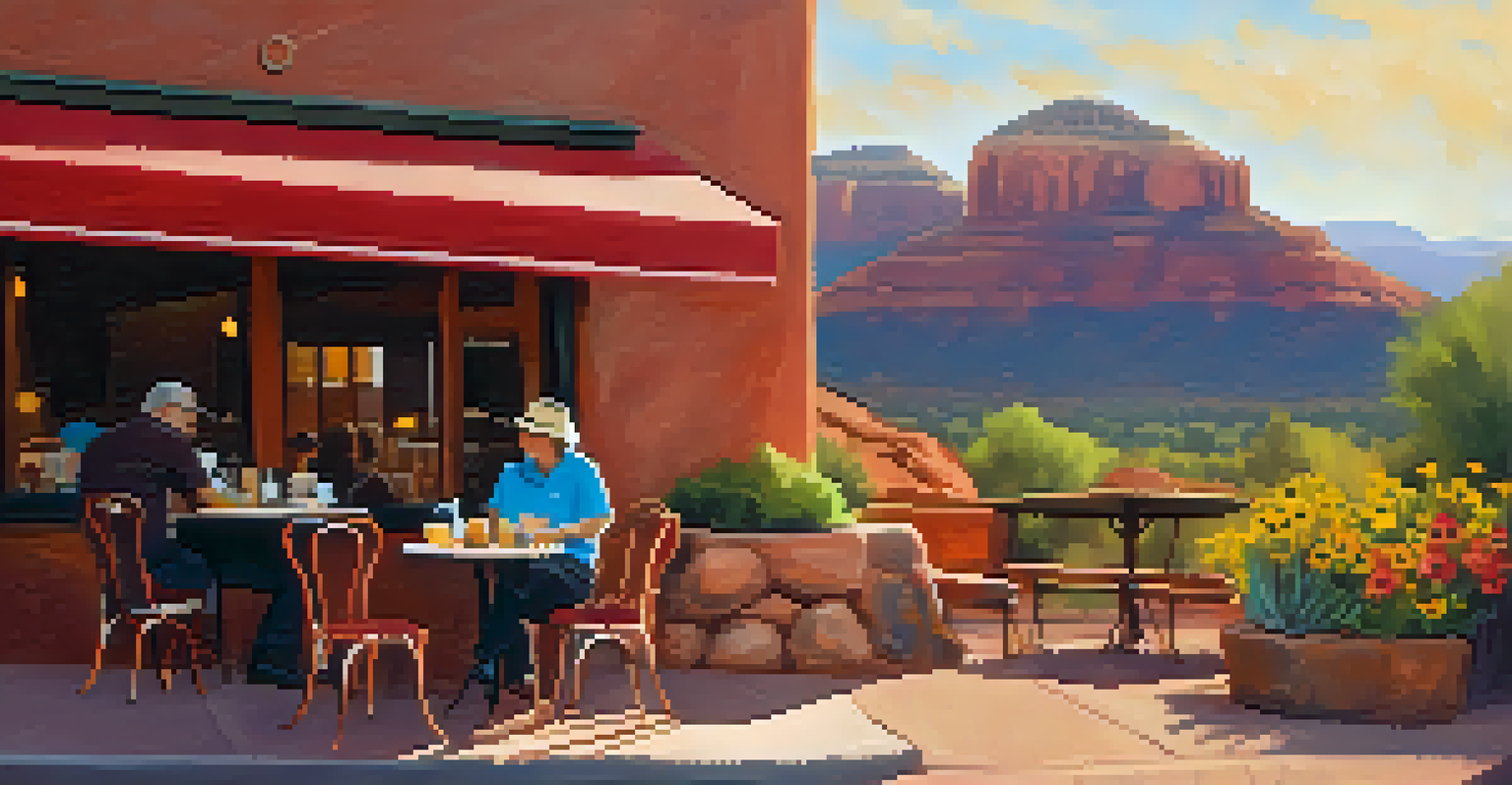 A dog resting next to its owner at a café patio with red rock formations in the background.