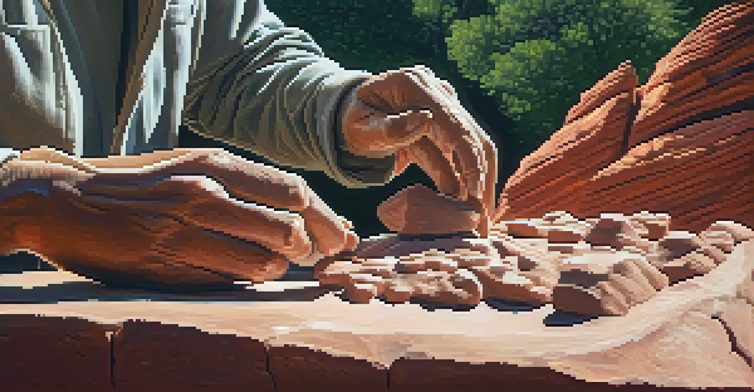 A sculptor working with clay outdoors in Sedona, surrounded by red rocks and natural light.