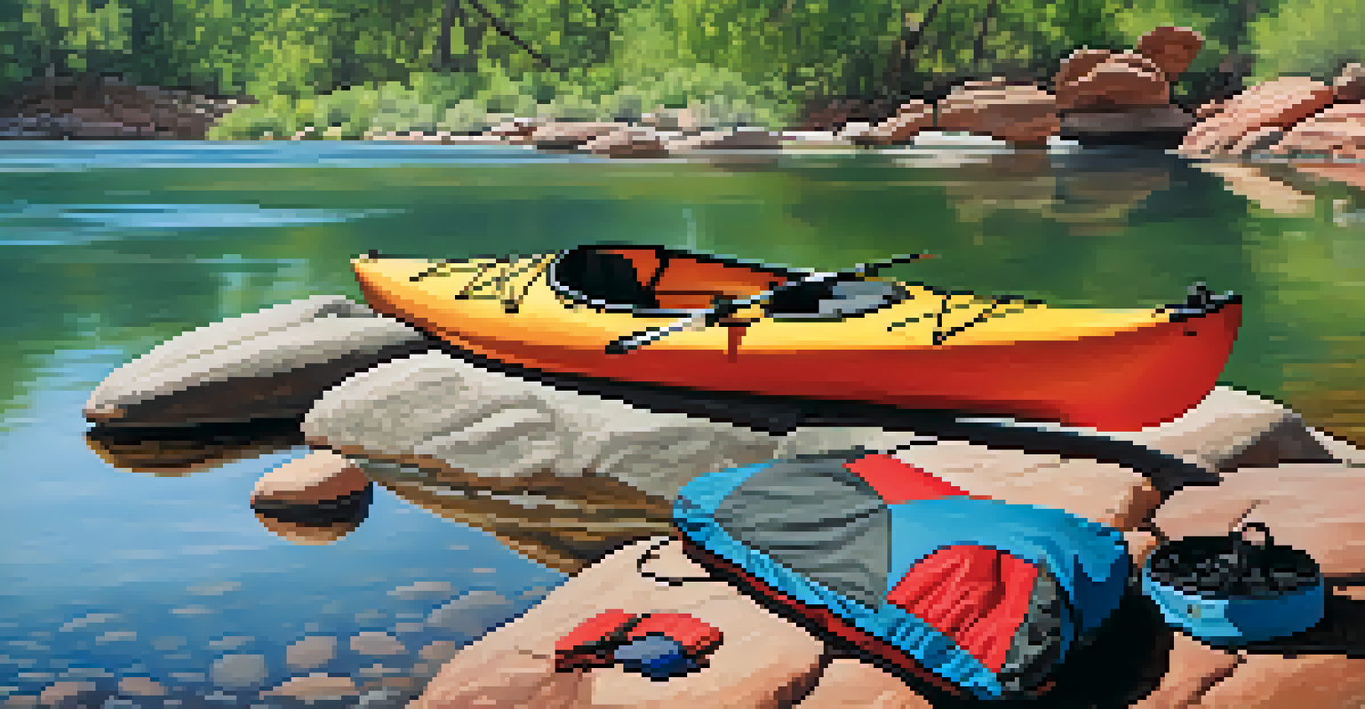 Essential kayaking gear including a kayak, paddle, PFD, and dry bag, set against the backdrop of Oak Creek and red rock formations.