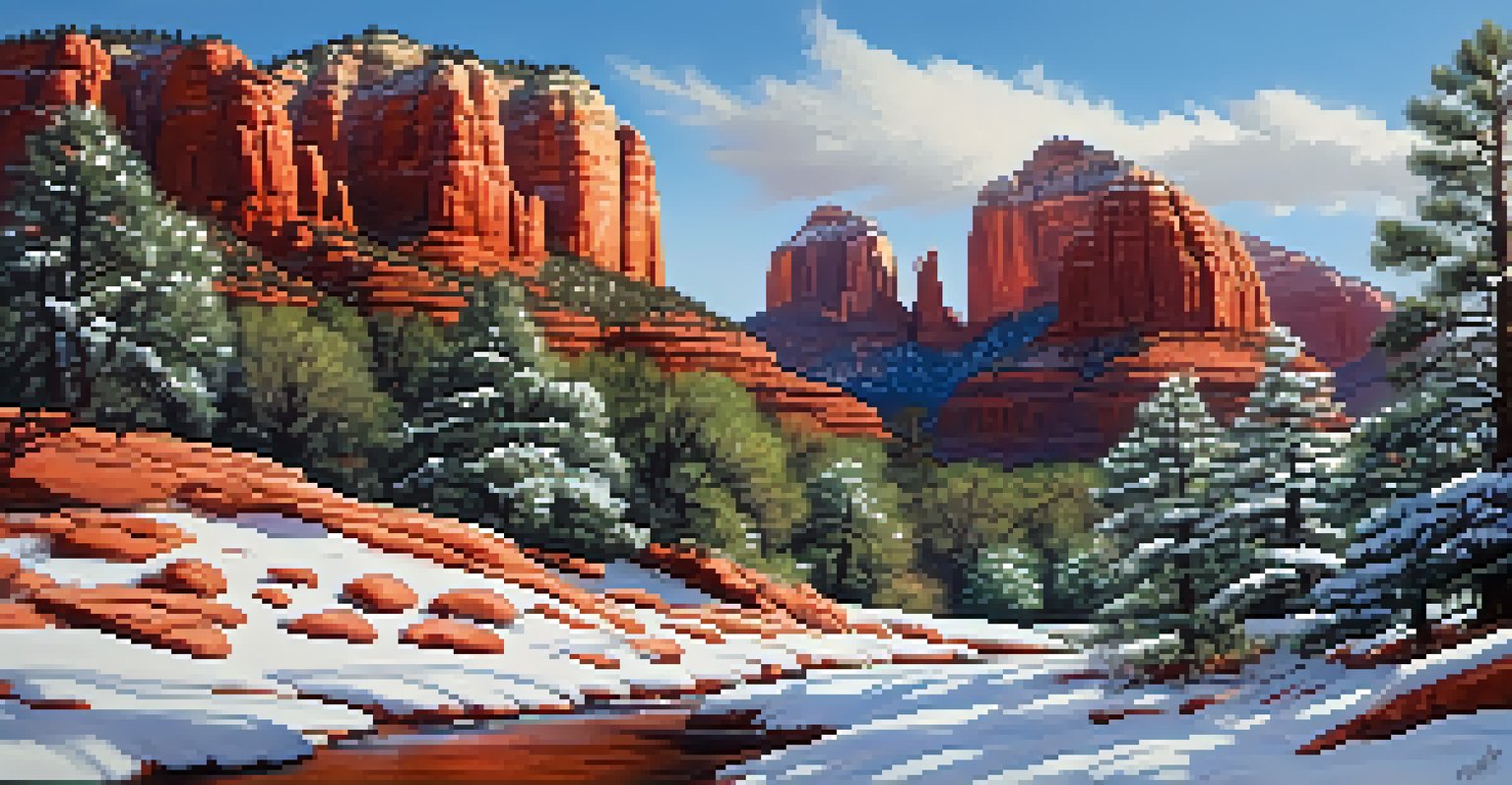 A serene winter landscape in Sedona with a dusting of snow on red rocks and blue sky above.