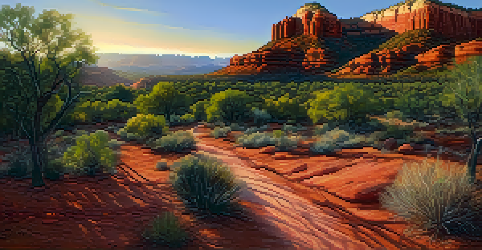 A panoramic view of Sedona's red rock landscape during golden hour, with a winding path in the foreground.