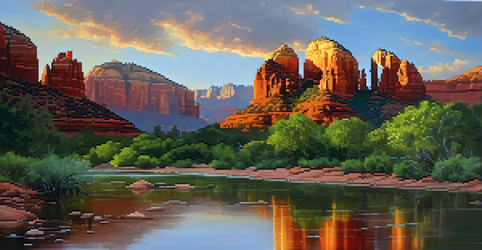 A picturesque view of Sedona's red rock formations at sunset, with a clear river and blooming wildflowers in the foreground.