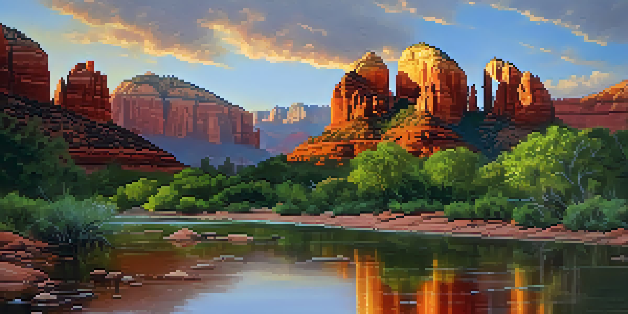 A picturesque view of Sedona's red rock formations at sunset, with a clear river and blooming wildflowers in the foreground.