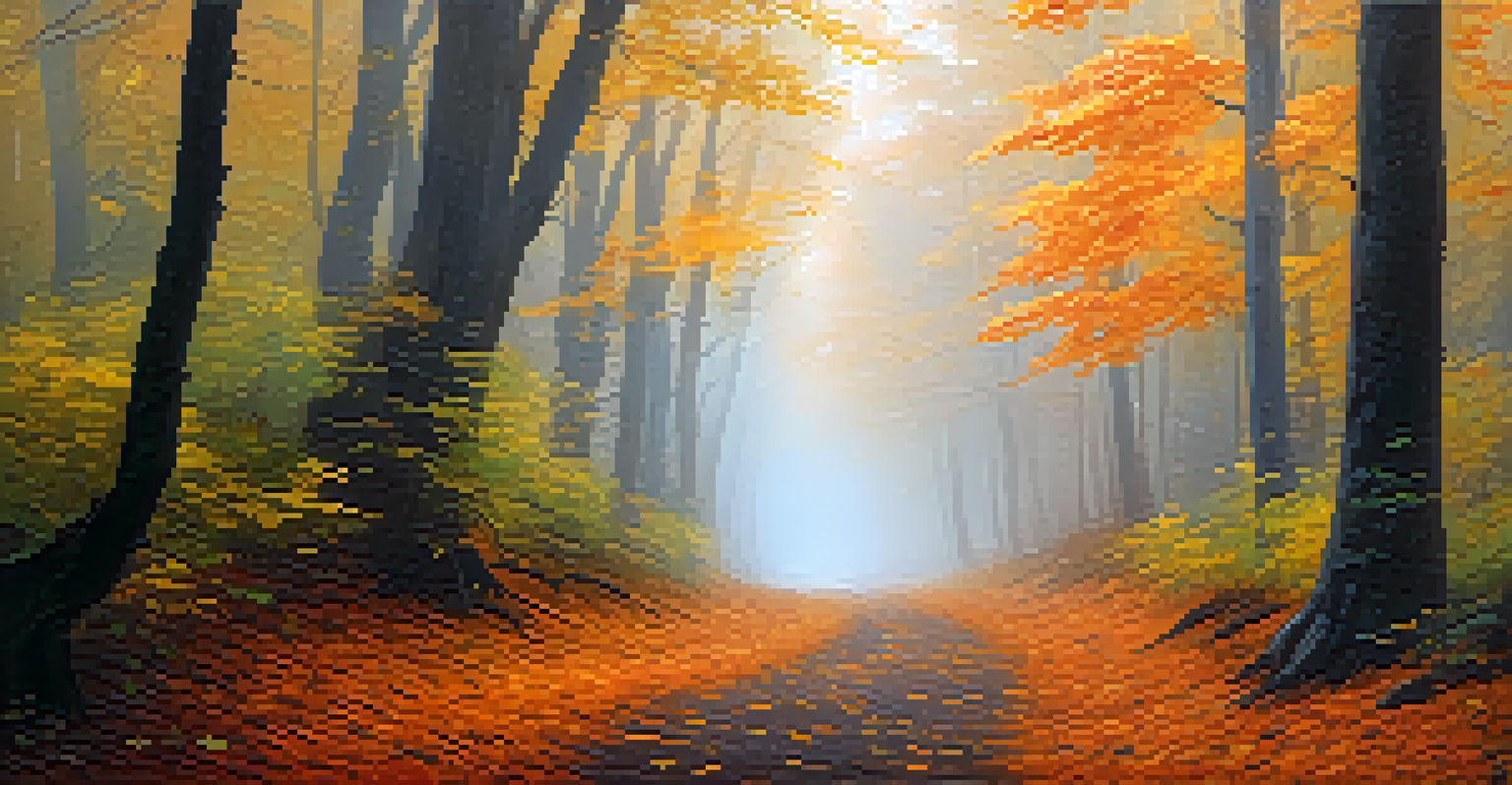 A forest path in autumn covered with colorful fallen leaves and illuminated by soft light, creating a tranquil atmosphere.