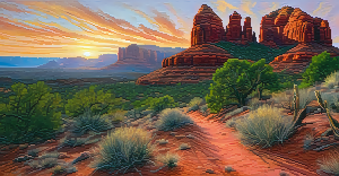 A stunning sunrise over Sedona's red rock formations, with a hiking trail in the foreground and a hiker silhouetted against the colorful sky.