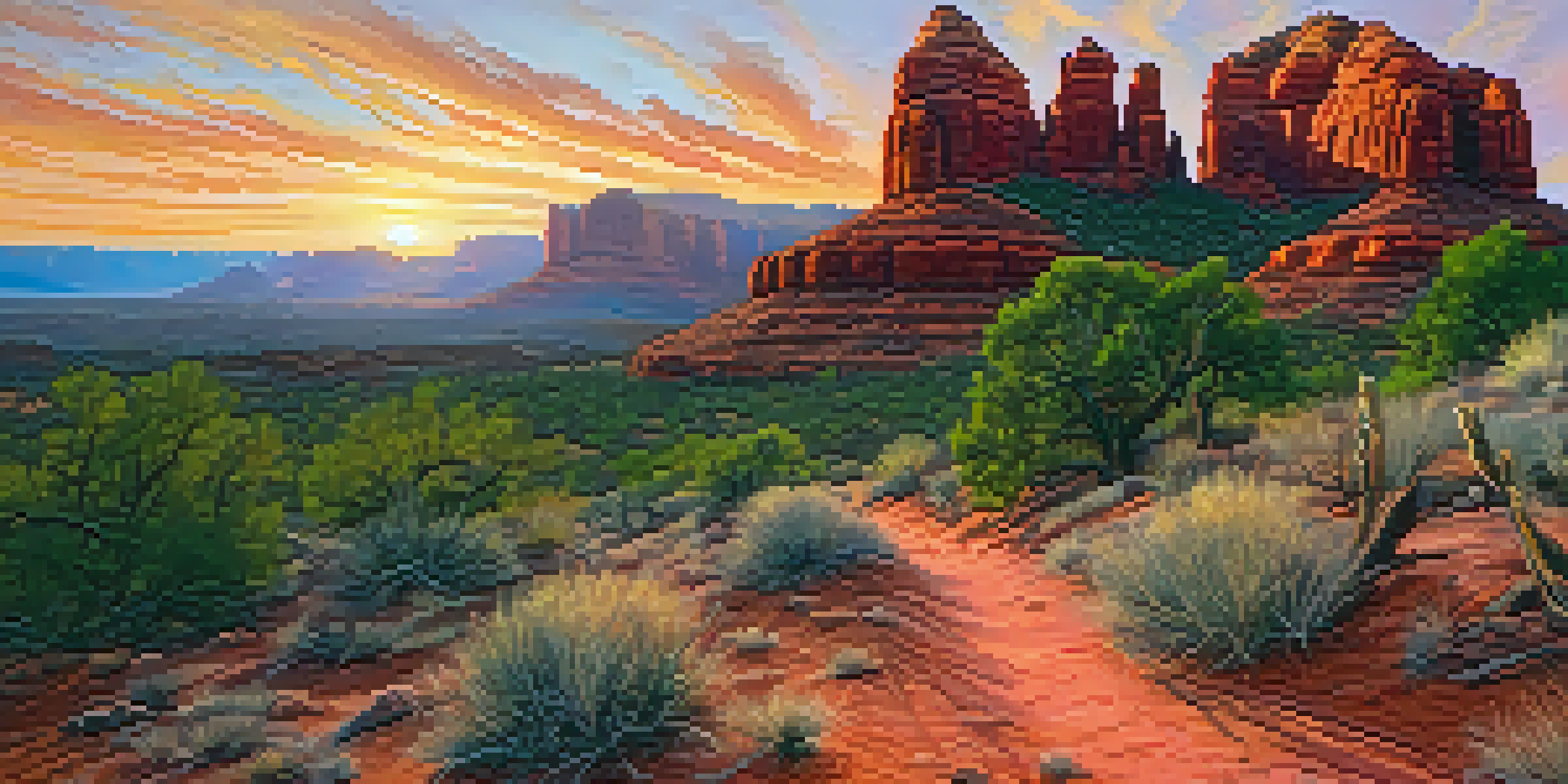 A stunning sunrise over Sedona's red rock formations, with a hiking trail in the foreground and a hiker silhouetted against the colorful sky.