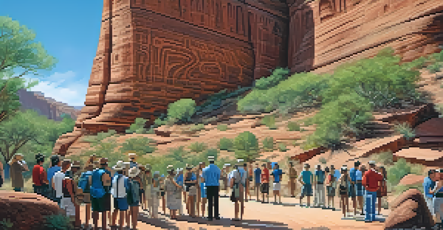 A guided tour at the Palatki Heritage Site, showcasing ancient cliff dwellings and petroglyphs with a tour guide explaining.