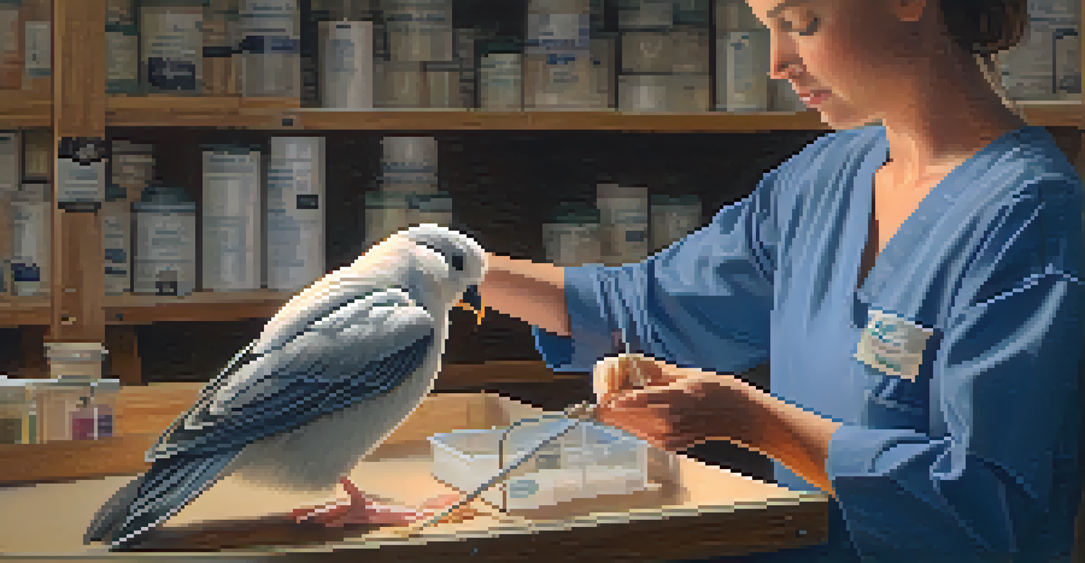 Close-up of a volunteer bandaging the wing of an injured bird, with medical supplies in the background and warm lighting.
