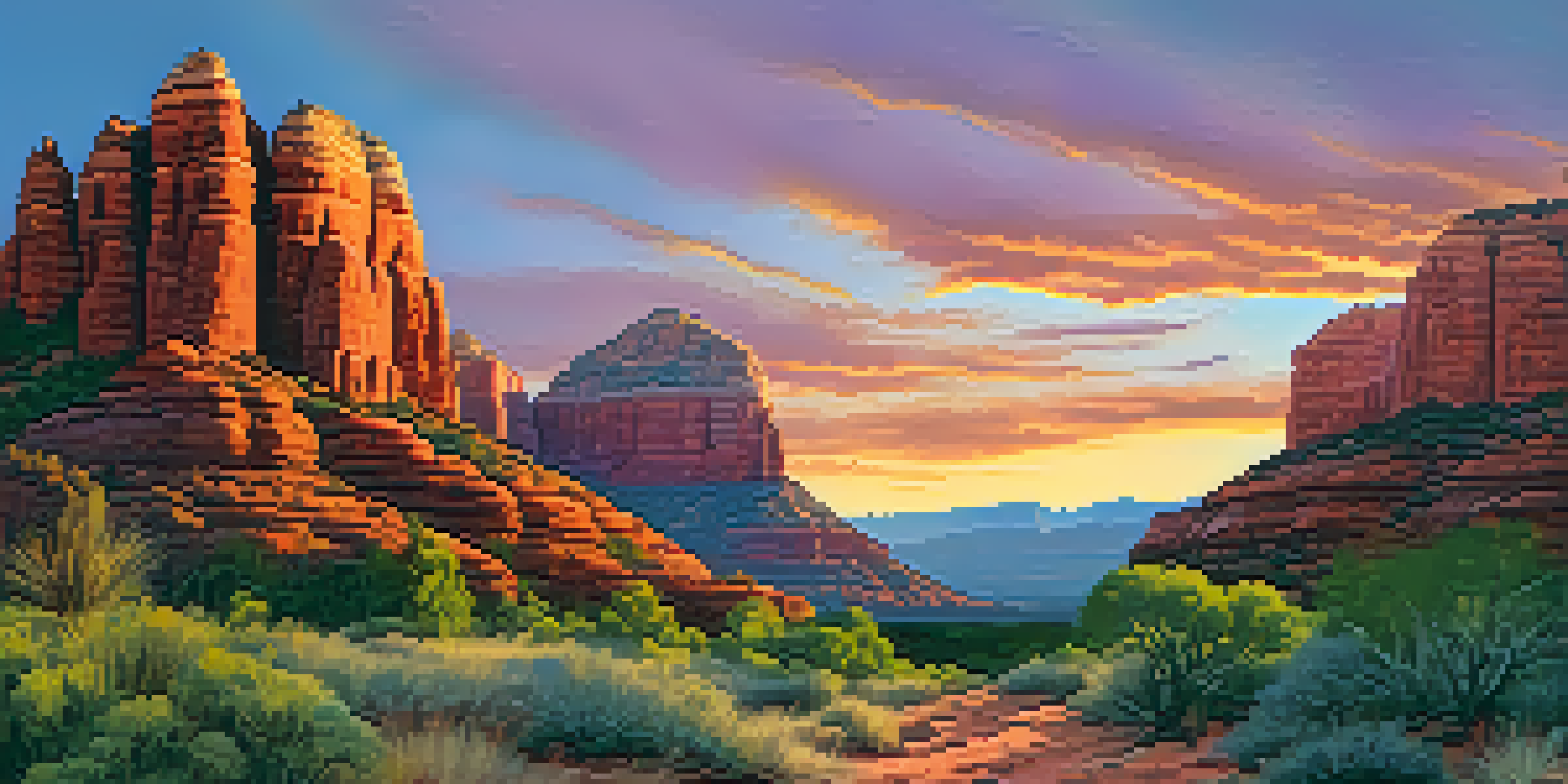 A beautiful sunset over the red rock formations of Sedona, Arizona, with a hiking trail in the foreground.