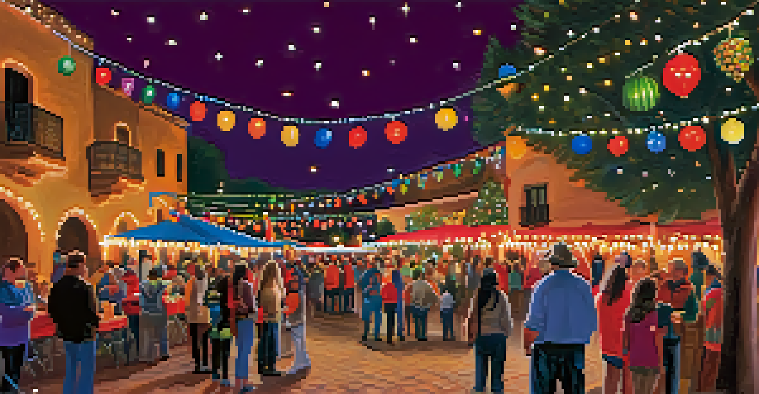 A lively Festival of Lights celebration at Tlaquepaque, featuring twinkling lights, colorful decorations, and people enjoying the festivities.