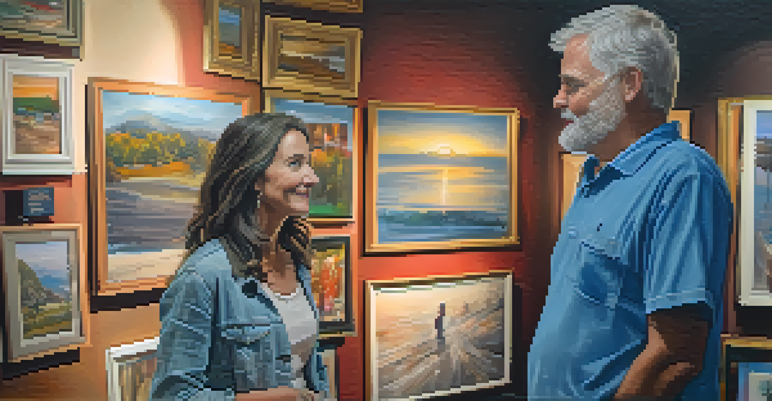 A local artist engaging with a visitor in their gallery, surrounded by colorful paintings.
