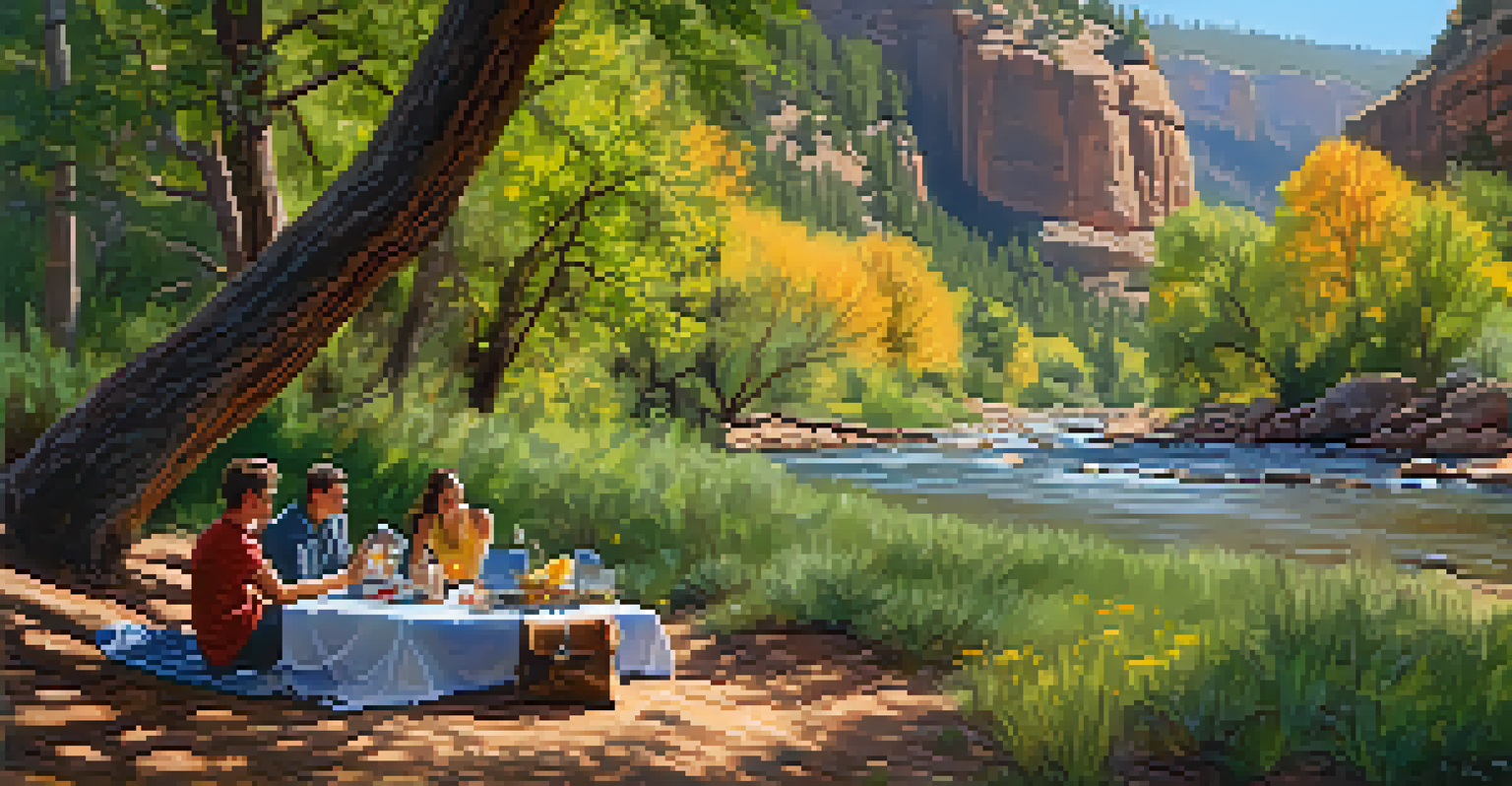 A picturesque picnic by Oak Creek, with friends enjoying lunch next to a flowing creek and colorful wildflowers.