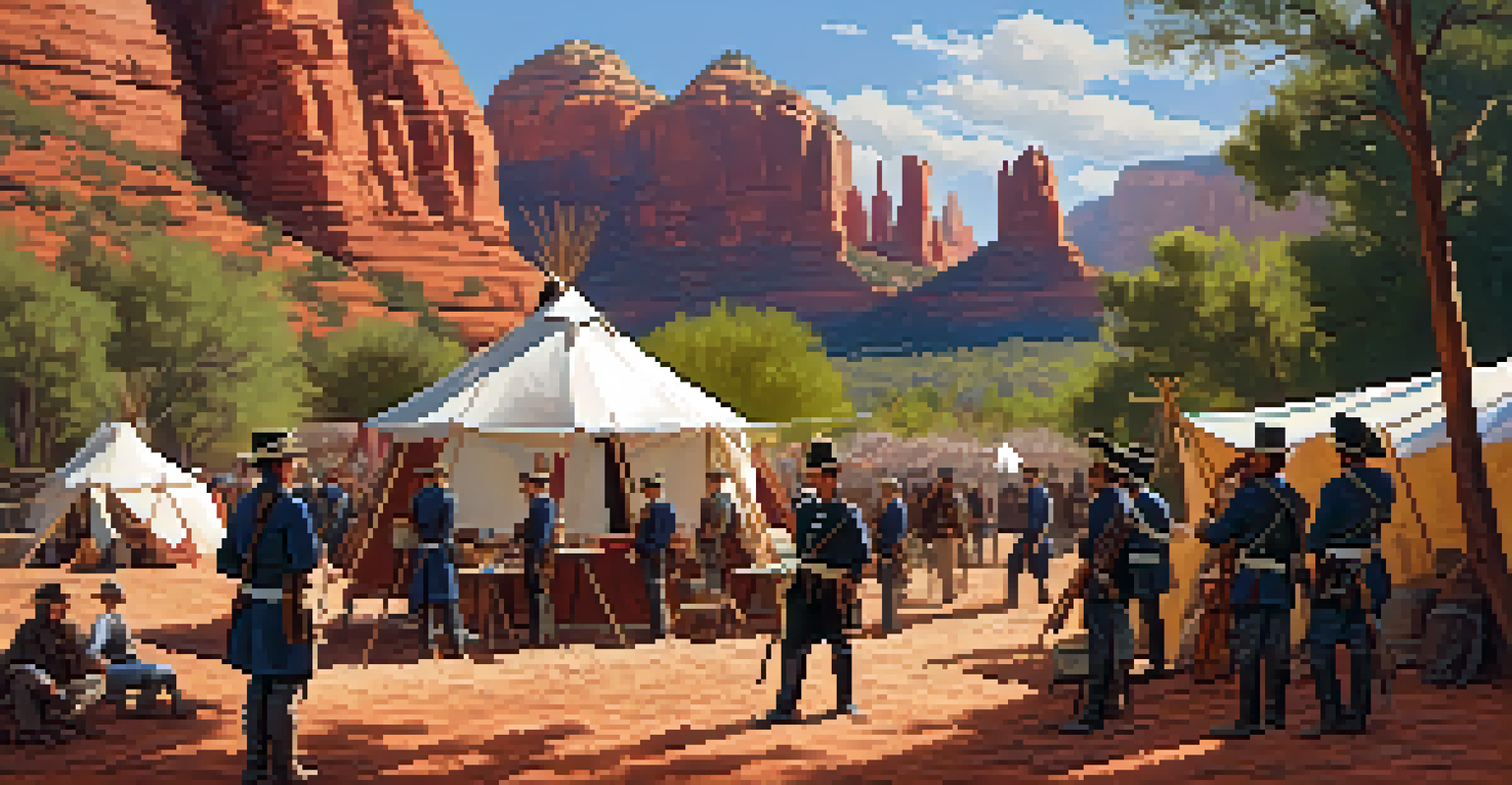 Civil War soldiers setting up a camp against the backdrop of Sedona's red rocks.