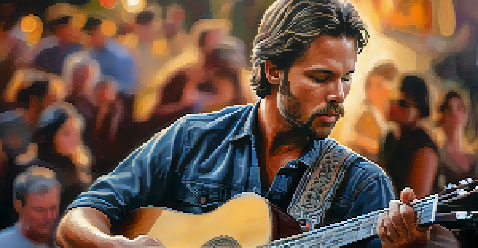 A local musician playing an acoustic guitar at the Sedona Bluegrass Festival, with focused expression and soft stage lighting.