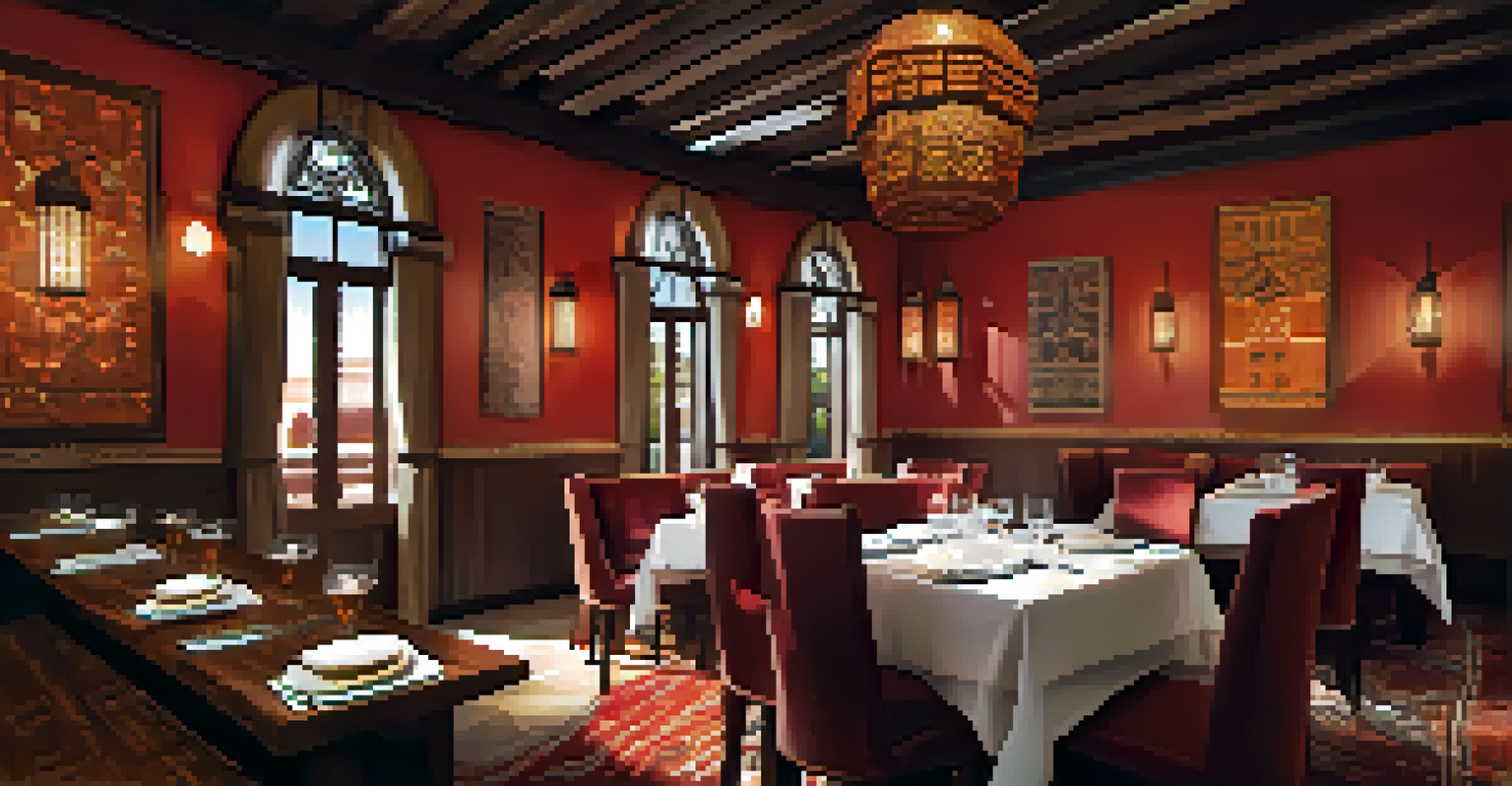 The interior of The Harvest Restaurant with a plate of Moroccan spiced lamb shank and a glass of red wine on a rustic wooden table.