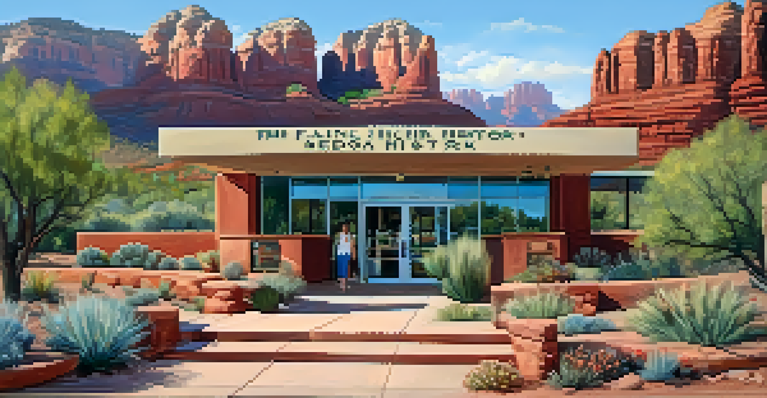 The exterior of a Family History Center in Sedona, surrounded by desert flora and red rock formations.