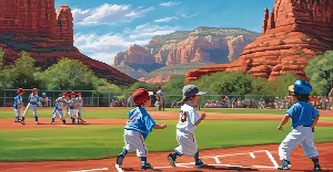 Children playing baseball in a Little League game in Sedona, with red rock formations in the background and kids in colorful uniforms.