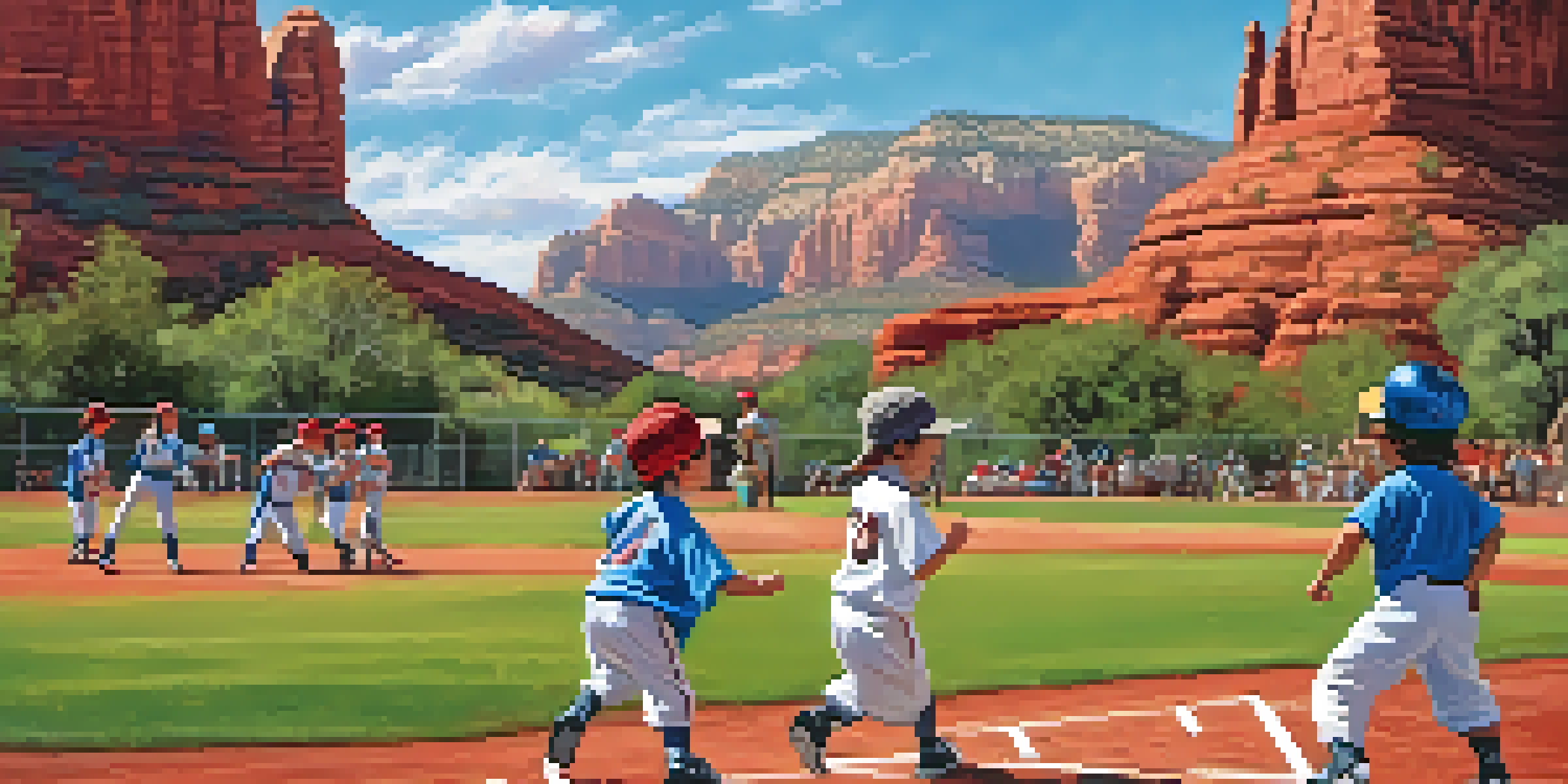 Children playing baseball in a Little League game in Sedona, with red rock formations in the background and kids in colorful uniforms.