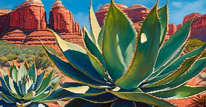 Close-up of Parry's Agave with blue-green leaves in front of Sedona's red rocks under a sunny sky.