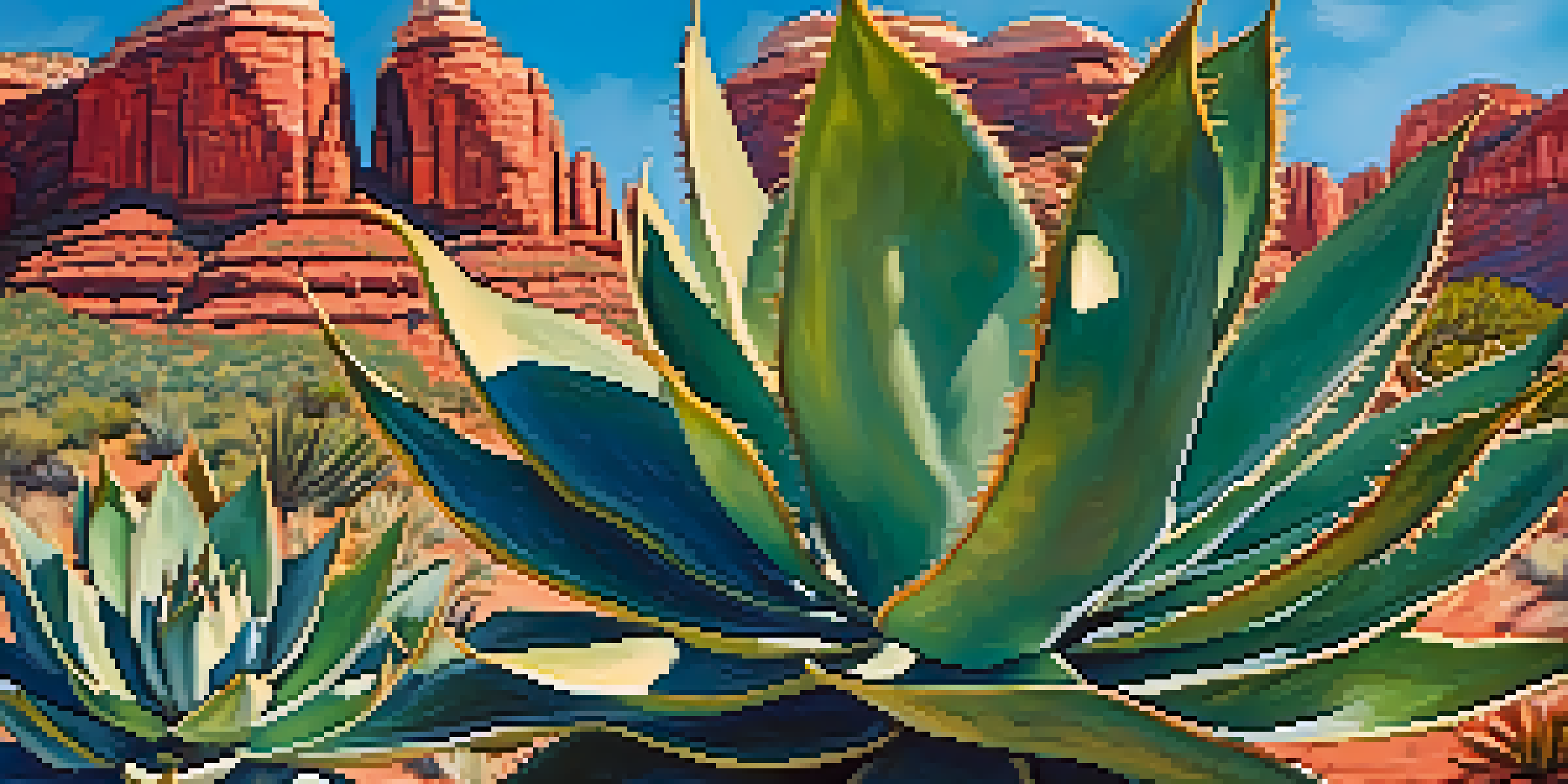 Close-up of Parry's Agave with blue-green leaves in front of Sedona's red rocks under a sunny sky.