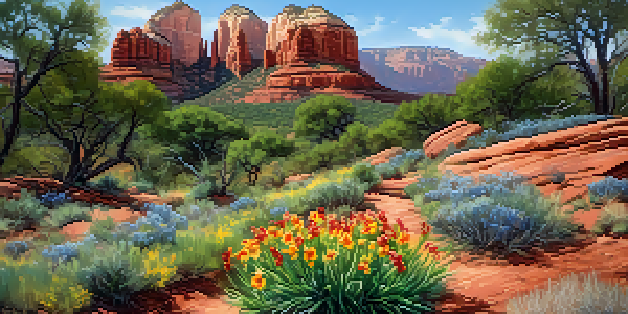 A colorful spring landscape in Sedona with blooming wildflowers and red rock formations under a clear blue sky.