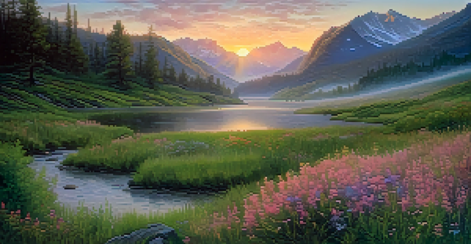 A scenic view of a misty valley at dawn with mountains, a river, and colorful wildflowers under a pastel sky.
