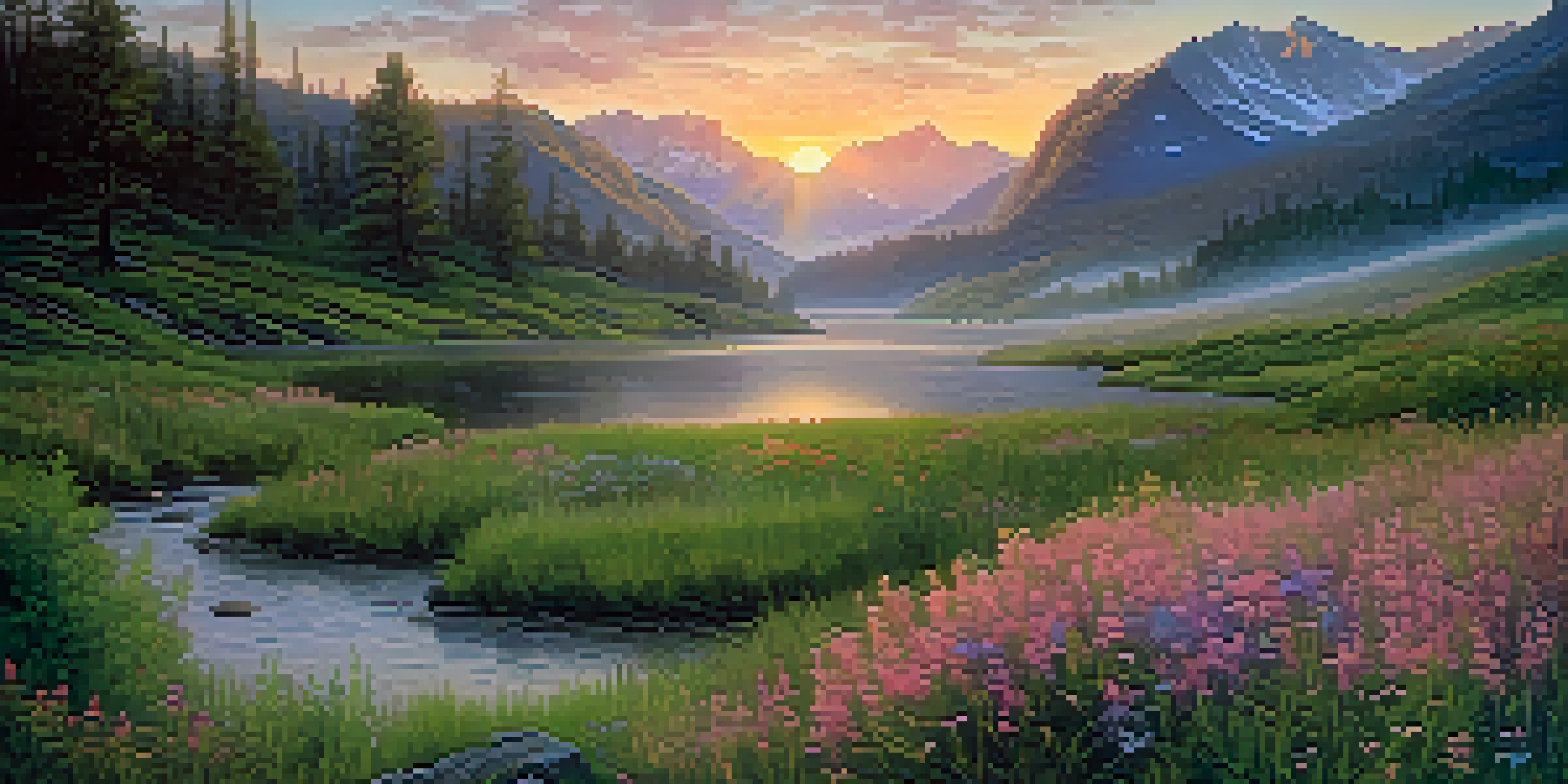 A scenic view of a misty valley at dawn with mountains, a river, and colorful wildflowers under a pastel sky.