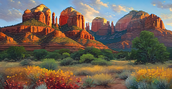 A scenic view of Cathedral Rock in Sedona during sunrise, with red rock formations and colorful wildflowers in the foreground.