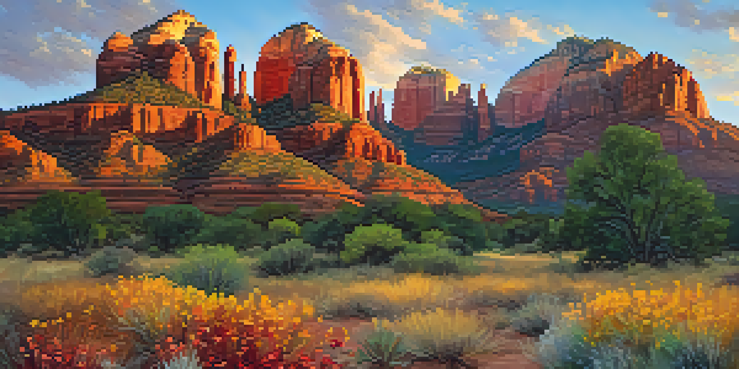 A scenic view of Cathedral Rock in Sedona during sunrise, with red rock formations and colorful wildflowers in the foreground.